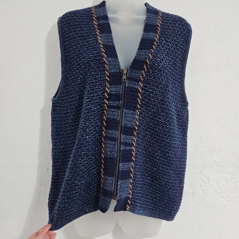 Vtg 90s Susan Bristol Sz Med Blue Sweater Vest Boho Faux Suede Zip Grannycore - Picture 3 of 10